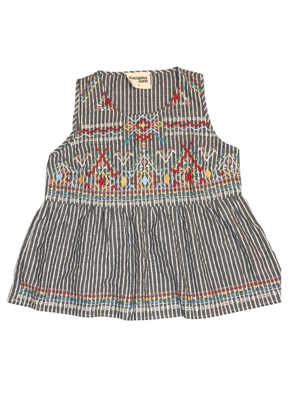 Savanna Jane Gray Striped Tank with Colorful Geometric Embroidery